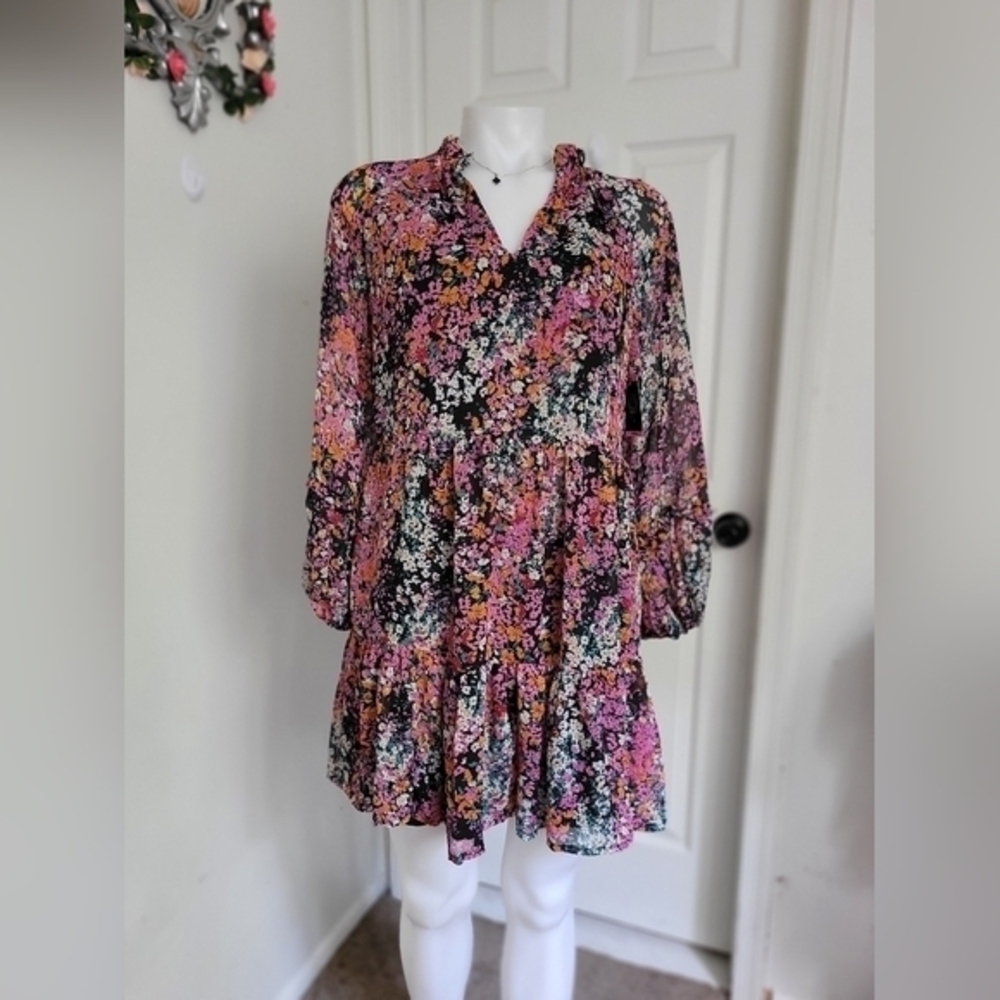 Vince Camuto Multicolored Long Sleeve Sundress with Notched Collar
